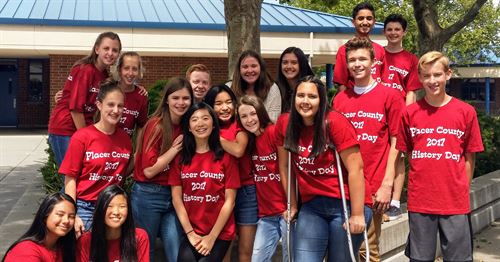 students wearing red shirts with Pacer county 2011 history day